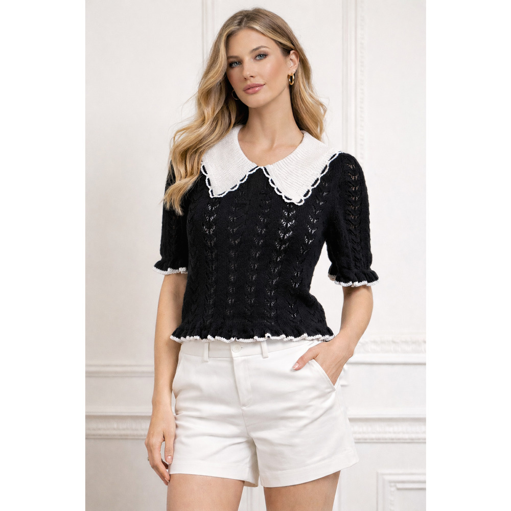 Womens Cottage Collared Contrasting Knit Sweater Top Medium Academia Crochet